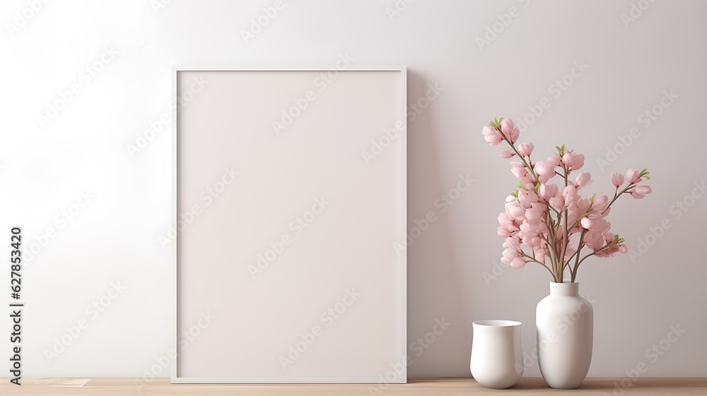 Mockup frame in interior background, room in light pastel colors, Scandi-Boho style, interior of a room, Generative AI