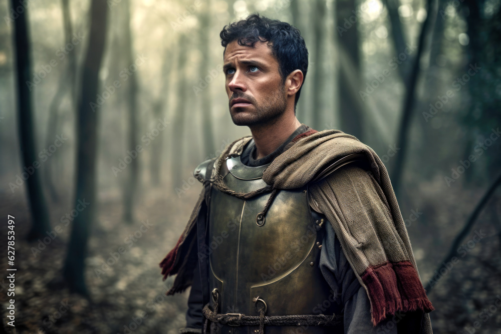 Medieval German soldier in full armor walking through a dark German forest (Generative AI) Medieval German soldier in full armor walking through a dark German forest (Generative AI)