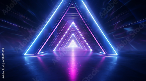 A vibrant neon triangle in a dark room