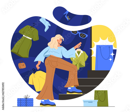 Woman with shopaholism concept. Young girl with green shirt on hanger climbs stairs. Buyer with clothes. Fashion, trend and style. Shopping in market. Cartoon flat vector illustration