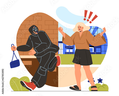 Thief stealing bag from woman concept. Man in mask takes things from young girl. Crime scene outdoor. Criminal character with citizen. Burglar stealing money. Cartoon flat vector illustration