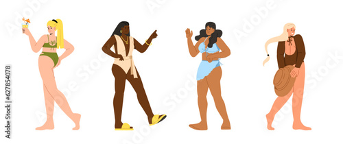 Women in various swimsuits set. Young girls in beachwear for summer season. Fashion, trend and style. Clothes for hot weather. Cartoon flat vector collection isolated on white background