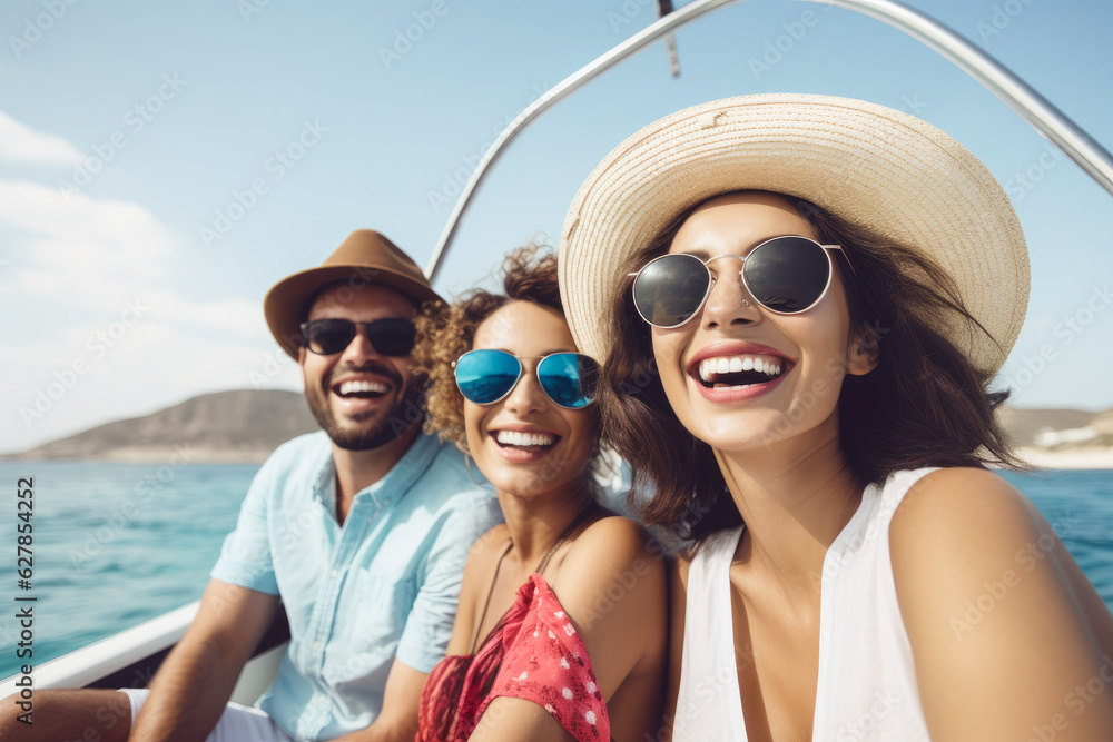 Three young friends, a man and two girls, enjoying a summer vacation on a boat in the ocean, showcasing diversity and leisure, millennial generation concept Three young friends, a man and two girls, enjoying a summer vacation on a boat in the ocean, showcasing diversity and leisure, millennial generation concept