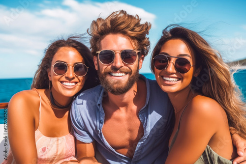 Three young friends, a man and two girls, enjoying a summer vacation on a boat in the ocean, showcasing diversity and leisure, millennial generation concept