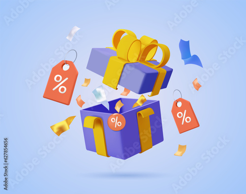 3d gift box and sale vouchers. Shopping referral program great discount sale background. 3D holiday surprise bonus offer