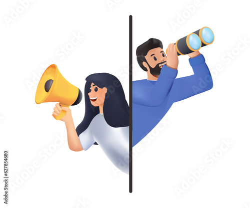 3D Digital business concept. Men and women standing together, holding binocular and megaphone loudspeaker and looking