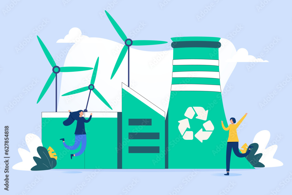 Green economy illustration set. Sustainable economic with renewable energy and natural resources. Green nature energy
