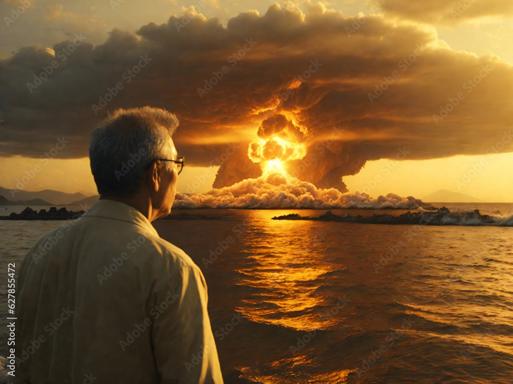 a man who looking to a nuclear bomb explosion in a sea