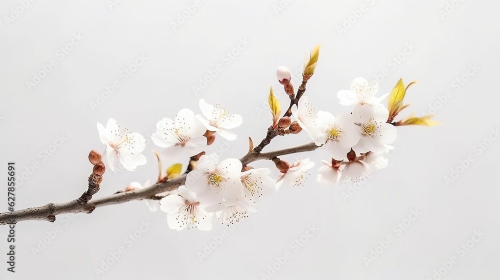 Realistic fruit tree branch with spring flowers. Beautiful flowering apple tree in spring day. Generative AI. Illustration for cover, card, postcard, brochure, advertising or presentation. Realistic fruit tree branch with spring flowers. Beautiful flowering apple tree in spring day. Generative AI. Illustration for cover, card, postcard, brochure, advertising or presentation.