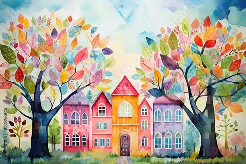 Charming 2D Illustration: A Welcoming School Campus, Created using generative AI
