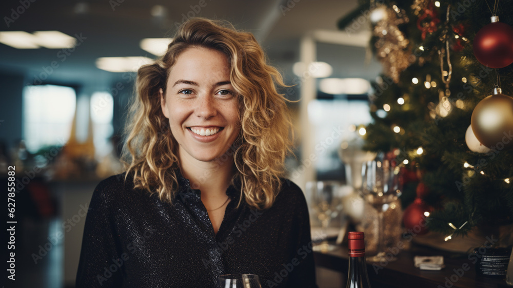 Obraz premium Young business woman in an office on Christmas day created with ai generative