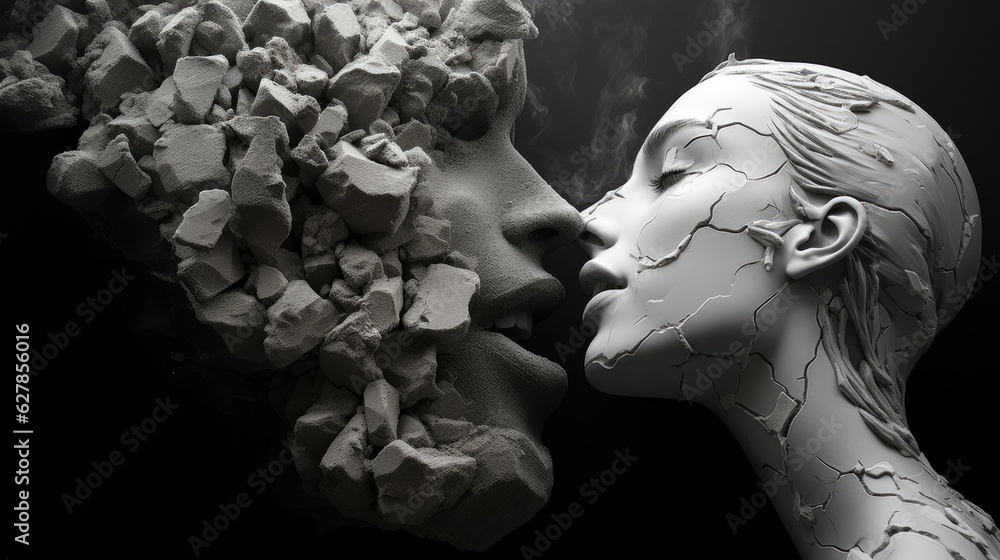 Fototapeta premium Beauty and the Beast were locked in a kiss. Relationship destruction concept. Surreal art. Sculpture splitting head. Illustration for cover, card, postcard, interior design, decor or print.
