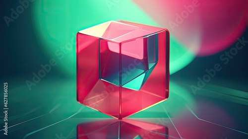 A transparent glossy cube stands on one vertex. Balance concept. Platonic solid. Illustration for banner, poster, cover, brochure or presentation.