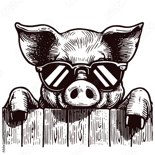 Leinwand Poster cool pig in sunglasses peering out from behind a fence illustration