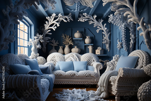 Retro style knitted cozy living room in blue and white. Generative AI