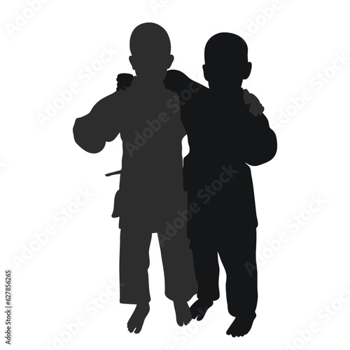 Silhouette image of children of judoists, judoka. Judo, martial art, sportsmanship, wrestling, duel, grappling, combating, fighting, struggle .