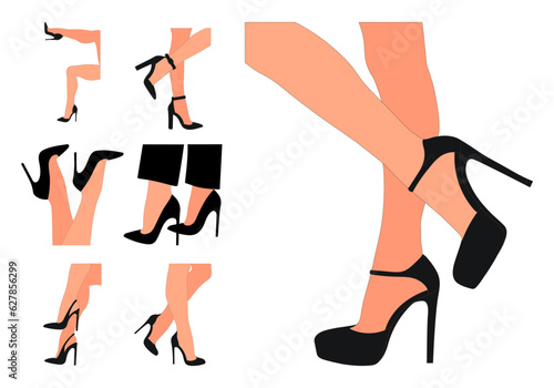 Slender, young female legs in a pose. Shoes stilettos, high heels. Walking, standing, running, jumping, dance. Women shoe model