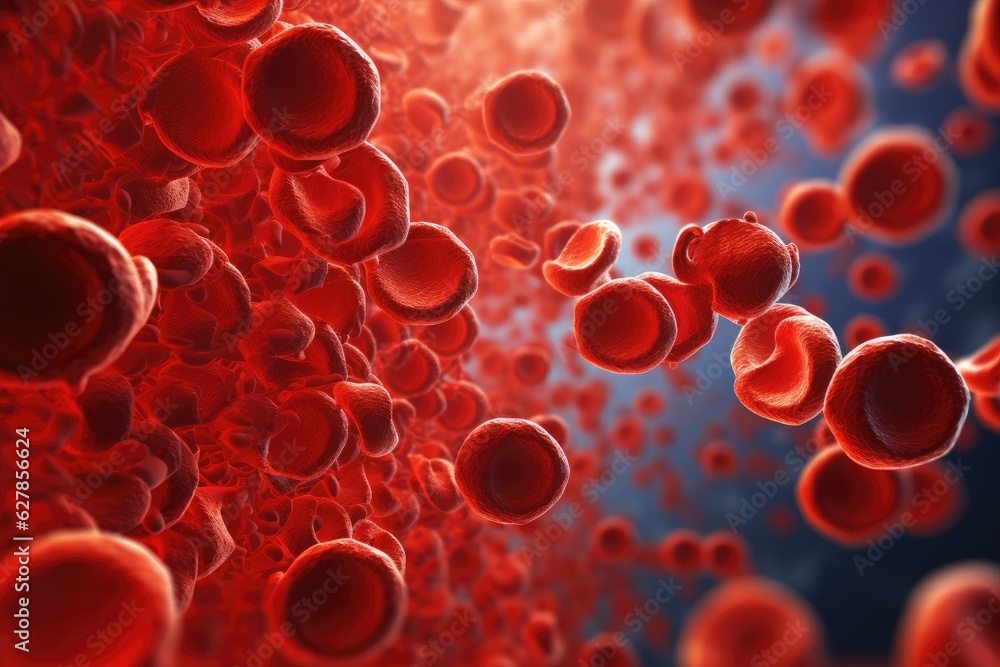 3d rendering of red blood cells in vein with depth of field, A 3D rendering of a blood vessel with blood cells flowing in one direction, AI Generated - obrazy, fototapety, plakaty 