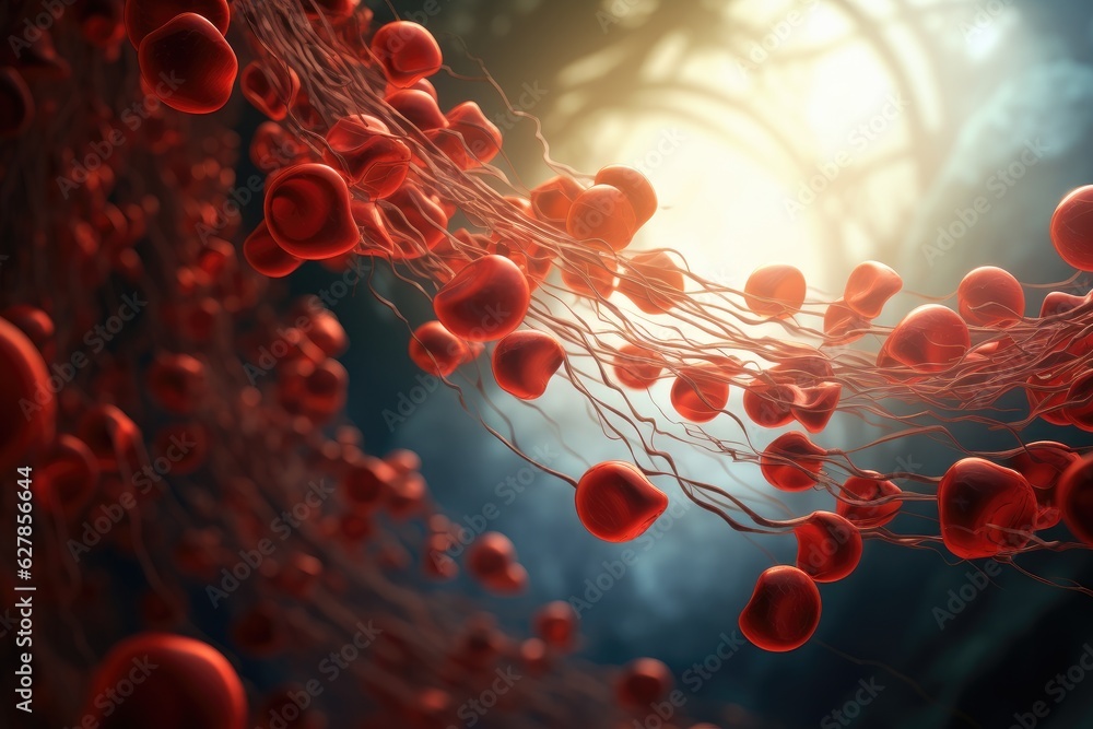 3D illustration of red blood cells flowing through the center of the cell, A 3D rendering of a blood vessel with blood cells flowing in one direction, AI Generated 3D illustration of red blood cells flowing through the center of the cell, A 3D rendering of a blood vessel with blood cells flowing in one direction, AI Generated