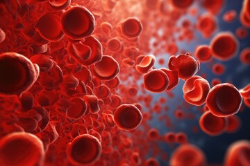 3d rendering of red blood cells in vein with depth of field, A 3D rendering of a blood vessel with blood cells flowing in one direction, AI Generated