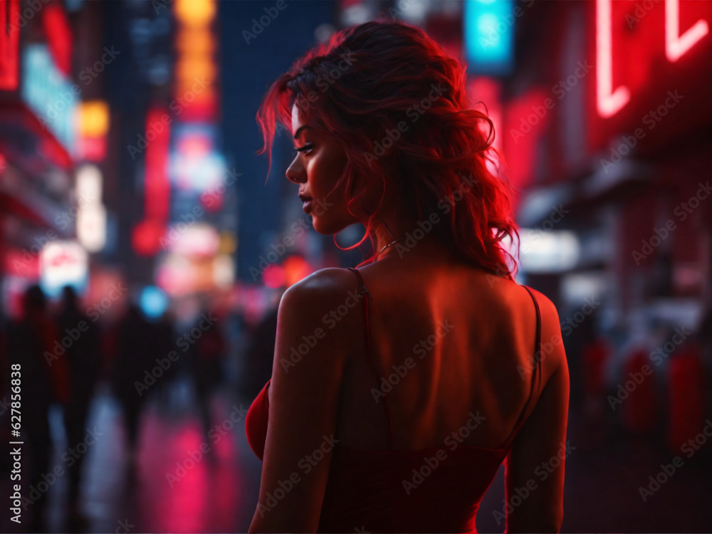Fototapeta premium a woman in a neon light city street