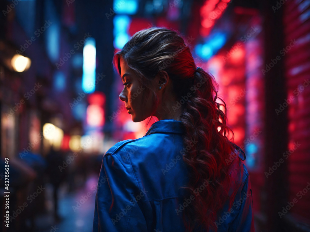 a woman in a neon light city street a woman in a neon light city street