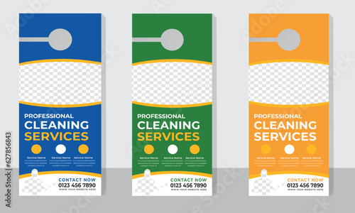 Cleaning service  Door hanger design template and hotel knob design. Vector door hanger.