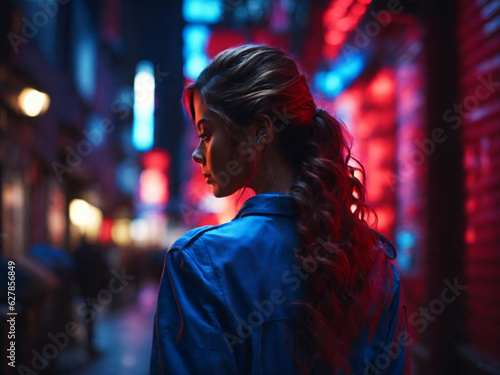 a woman in a neon light city street