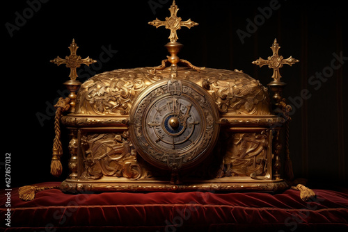 Glowing medieval reliquary showcasing a precious saintly relic on a luxurious velvet cushion photo