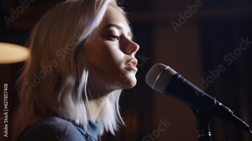 Close-up of a young girl singing into a microphone in stage lighting.