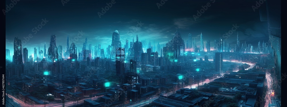 Science fiction neon city night panorama