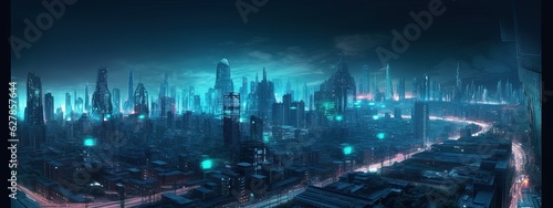 Science fiction neon city night panorama