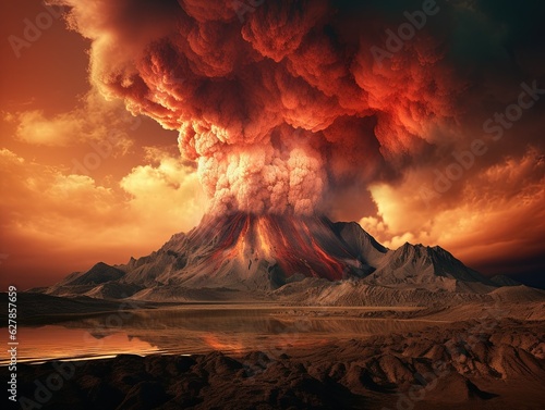 surreal landscape with mountains and volcano eruption