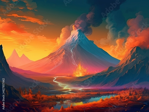 surreal landscape with mountains and volcano eruption