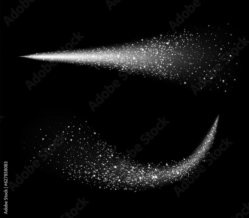 White scattering of small particles of sugar crystals, flying salt, top view of baking flour. White powder, powdered sugar explosion isolated on transparent light background. Vector illustration.