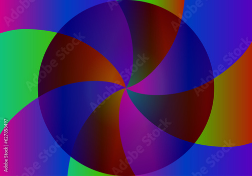 Composición abstracta con círculo y hélice en tonos azul, morado , verde y rojo degradado