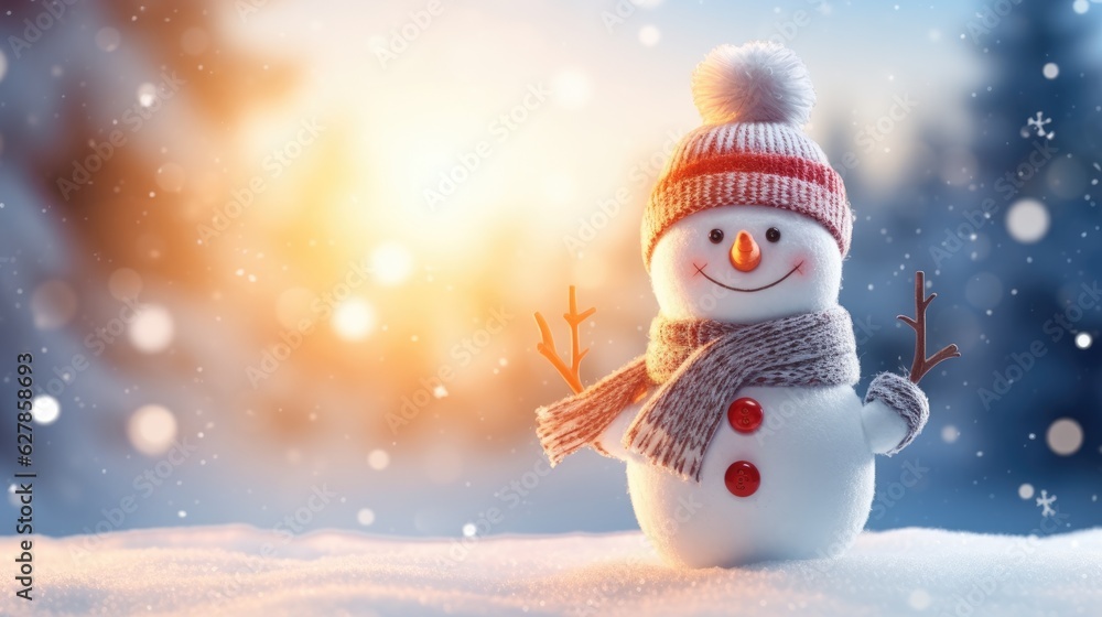 Christmas winter background. Snowman standing on the snow bokeh by sunlight. copy space