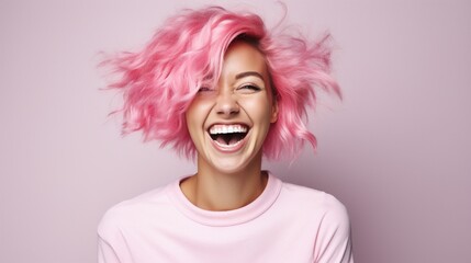 young laughing woman with pastel pink hair, tongue sticking out, blue eyes, peace gestures funny facial expressions