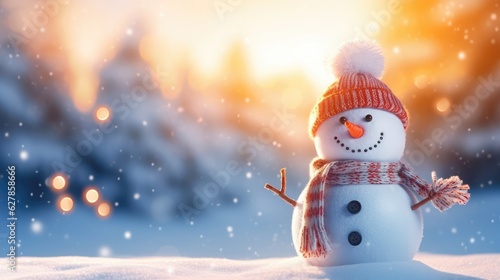 Christmas winter background. Snowman standing on the snow bokeh by sunlight. copy space © Achira22