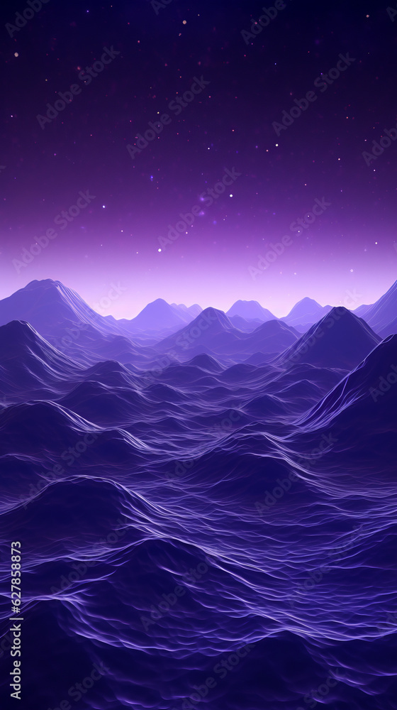 A breathtaking purple sky with majestic mountains silhouetted against a starry night