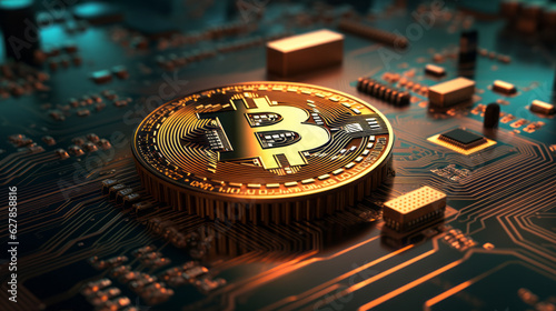 Gold Bitcoin integrated into a microcircuit abstract background