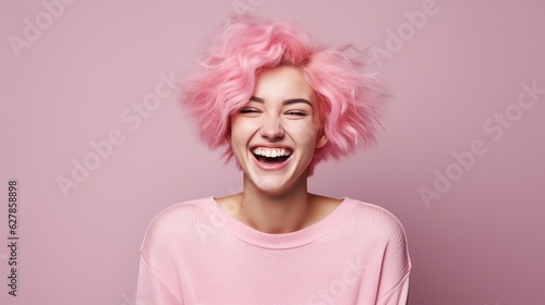 young laughing woman with pastel pink hair, tongue sticking out, blue eyes, peace gestures funny facial expressions