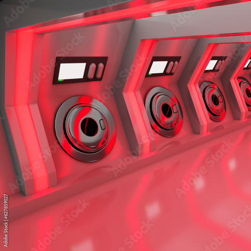 Escape hatches lit in red light