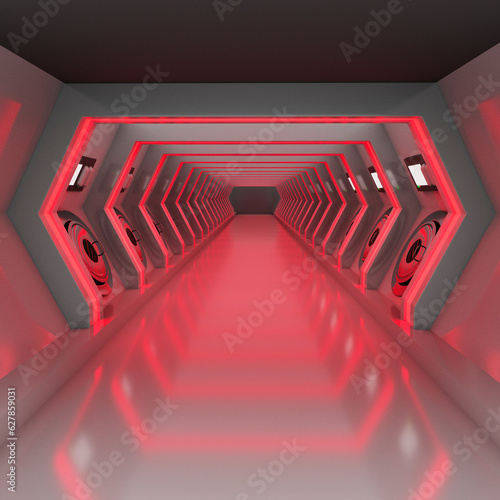Corridor with escape pod hatches lit in red light