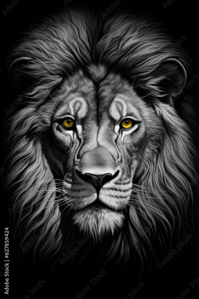 Generated photorealistic image of a stern African lion in black and white