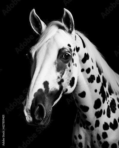 Generated photorealistic portrait of a horse with black spots in black and white format