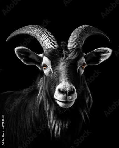 Generated photorealistic image of a black horned domestic goat with short horns in black and white format