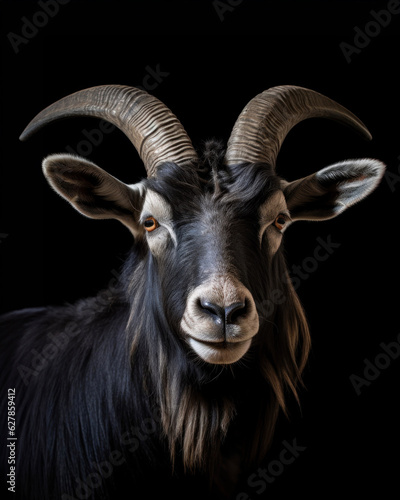 Generated photorealistic image of a black horned domestic goat with short horns 