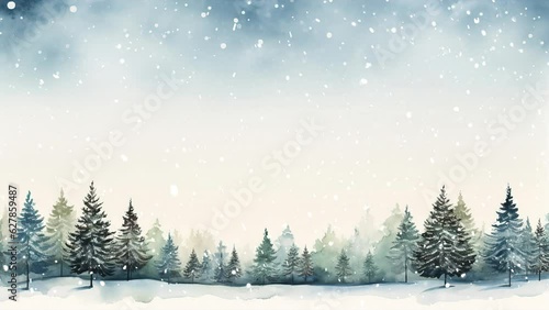 Watercolour Winter Christmas Forest Trees Snowfall Animation Loop