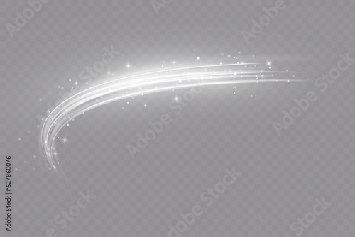 Wavy glowing white line of speed. Magic light trail of glittering comet tail. Luminous neon shape wave twirl. Neon blurry lines at motion. Glitter glow waves and sparkling flare tails. Vector